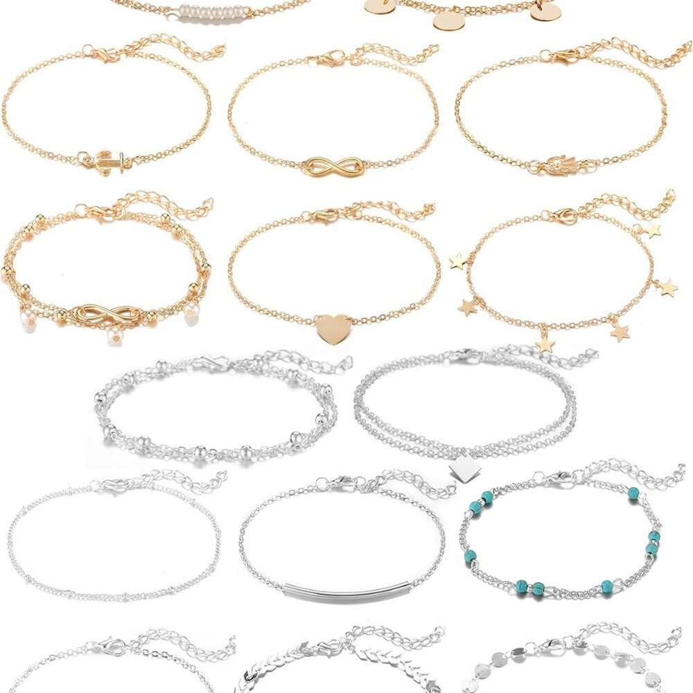 16Pcs Ankle Bracelets for Women Gold Silver Two Style Chain Beach Anklet Bracele